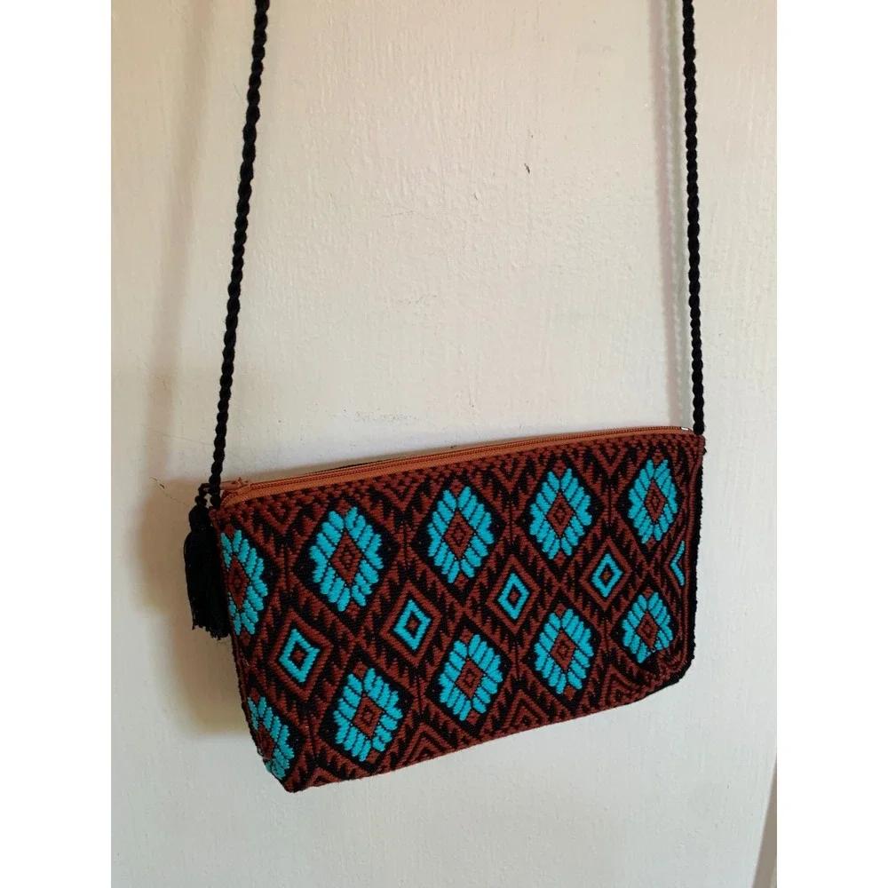 Handmade Embroidered Boho Crossbody Bag Black Turquoise Geometric Tassel